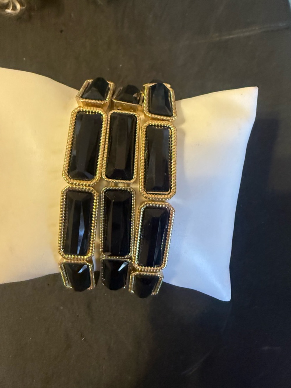 Gold-Plated Black Glass Rectangle Stretch Bracelets(3)